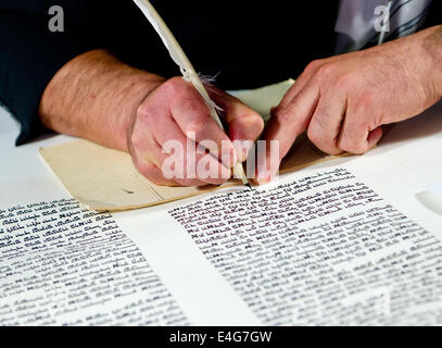 La Torah e scrittore rabbi Reuven Yaacobov funziona su una Torah presso il Museo Ebraico di Berlino, Germania, 10 luglio 2014. L'installazione 'bios [torah]' dal gruppo artista robotlab è sul display fino al 01 gennaio 2015. Foto: DANIEL BOCKWOLDT/dpa Foto Stock