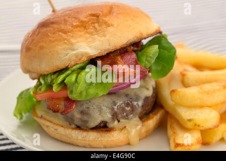 Cheeseburger e patatine fritte con una brioche bun - studio shot con una profondità di campo ridotta Foto Stock