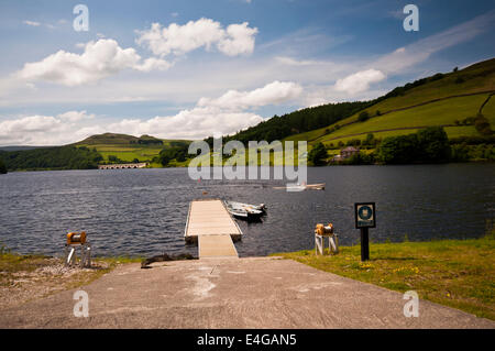 Serbatoio Ladybower nel Parco Nazionale di Peak District su un giorno d'estate. Il serbatoio è una popolare meta turistica. Foto Stock