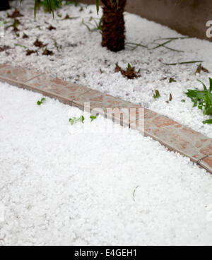 Chicchi di grandine si stabilirono dopo un improvviso e forte temporale nel giardino. Foto Stock