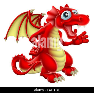 Cartoon illustrazione di un simpatico drago rosso Sorridendo e agitando Foto Stock