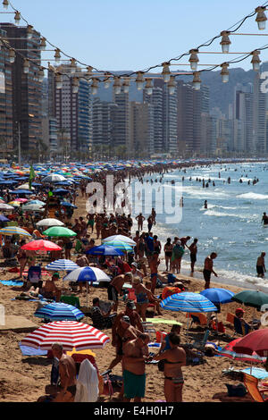 Vista lungo la Playa de Levante beach resort Benidorm, Costa Blanca, provincia di Valencia, Spagna, Europa. Foto Stock