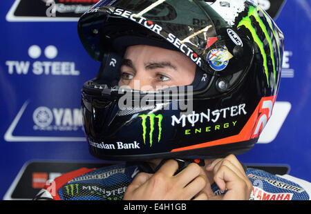 Hohenstein-ernstthal, Germania. 11 Luglio, 2014. Lo spagnolo Jorge Lorenzo della Movistar Yamaha Team durante il Gran Premio motociclistico di Coppa del Mondo la sessione di formazione al Sachsenring in Hohenstein-ernstthal, Germania, 11 luglio 2014. Foto: Hendrik Schmidt/dpa/Alamy Live News Foto Stock