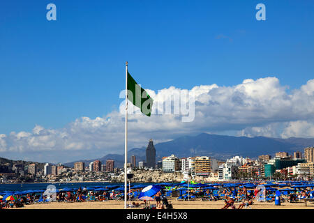 Vista lungo la Playa de Levante beach resort Benidorm, Costa Blanca, provincia di Valencia, Spagna, Europa. Foto Stock