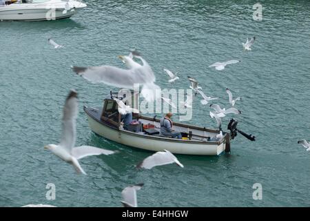 Una barca da pesca che entrano in porto a Looe Cornwall con una folla di gabbiani Foto Stock