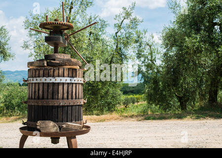 Vinatge frantoio e ulivi sulla backgrund Foto Stock