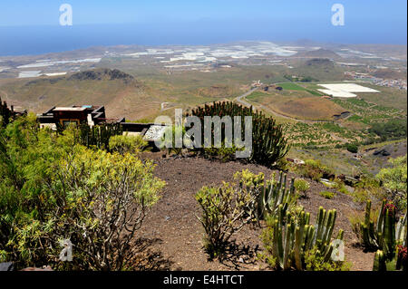 Vista sulla costa bassa di Las Galletas e piccoli coni vulcanici dal punto di vista su TF28, Tenerife sud Foto Stock