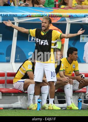 Brasilia, Brasile. 12 Luglio, 2014. Il Brasile è Neymar reagisce durante il terzo posto di play-off match tra il Brasile e i Paesi Bassi del 2014 FIFA World Cup al Estadio Nacional Stadium di Brasilia, Brasile, il 12 luglio 2014. Credito: Cao può/Xinhua/Alamy Live News Foto Stock