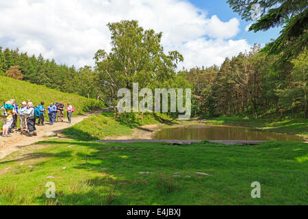 Un gruppo di escursionisti pause accanto a Lanty il Tarn, Glenridding, Lake District, Cumbria Foto Stock