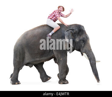 Felice gite turistiche su un elefante e agitando con la mano Foto Stock