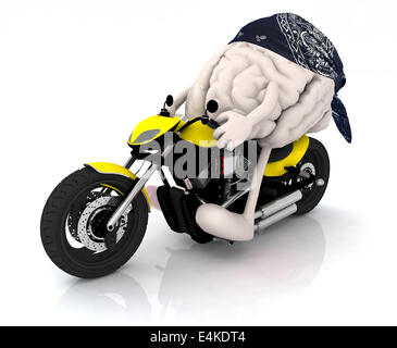 Cervello umano con le braccia, le gambe e la bandana sulla moto, 3d illustrazione Foto Stock