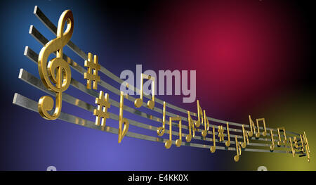 Un concetto che mostra letterale metallizzato oro simboli musicali e note sulle cinque ottave ondulate linee su un jazzy sfondo colorato Foto Stock