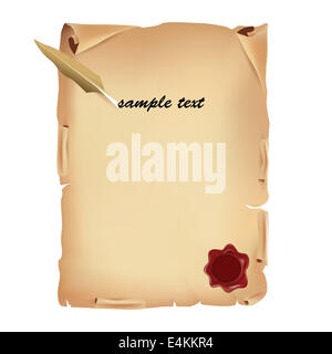 Vecchia pergamena con sigillo di cera e piuma Foto Stock