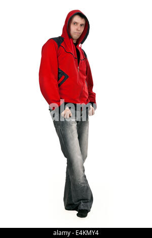 Uomo in un maglione rosso con una cappa di aspirazione Foto Stock