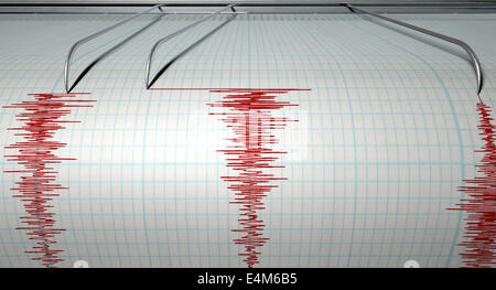 Un primo piano di un sismografo ago della macchina il disegno di una linea rossa sul grafico raffigurante la carta e sismica eartquake attività su un isola Foto Stock