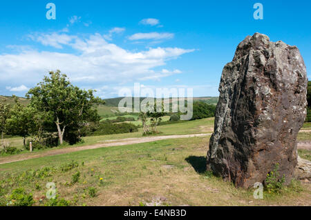 La pietra lunga su Mottistone comune, i resti di un Neolitico Long Barrow, è il solo noto monumento megalitico sulla IOW. Foto Stock