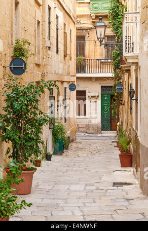 Strada di ciottoli in Valletta città vecchia a Malta Foto Stock