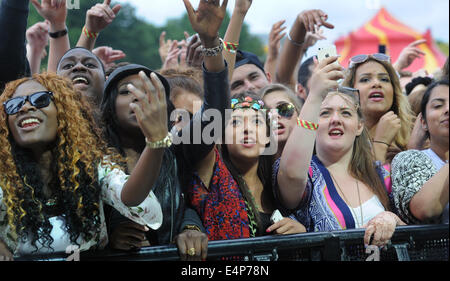 Giovani godendo la visione di bande a un OUTDOOR MUSIC FESTIVAL RI summer festival rock cantanti adolescenti EVENTI SOCIALI REGNO UNITO Foto Stock