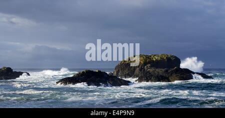 Le onde rompono sulle rocce a South Beach in Pacific Rim National Park Foto Stock