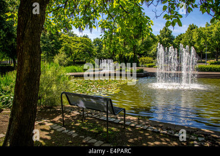 Fontana in uno stagno, parco pubblico di Muelheim, Germania Foto Stock