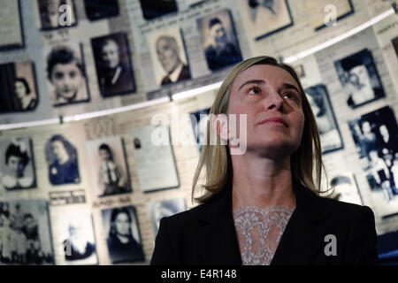 Gerusalemme, Israele. 16 Luglio, 2014. Ministro degli Affari Esteri di Italia, FEDERICA MOGHERINI, guarda le pagine ingrandita della testimonianza nella Sala dei Nomi a Yad Vashem Holocaust Museum, dove pagine di testimonianze di più di 4 milioni di ebrei vittime dell'Olocausto sono eternamente conservati. La FM ha visitato il museo, ha partecipato ad una cerimonia commemorativa e firmato il museo guest book. Credito: Nir Alon/Alamy Live News Foto Stock