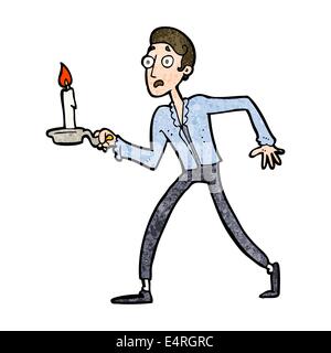 Cartoon uomo spaventato camminare con il candelabro Illustrazione Vettoriale