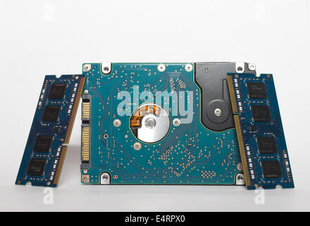 Questa immagine mostra due moduli di RAM e un disco rigido SATA isolato su uno sfondo bianco, i cablaggi sono visibili nella foto Foto Stock