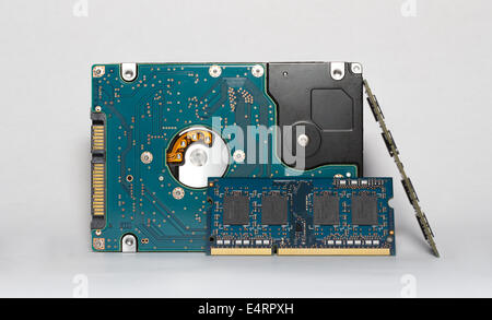 Questa immagine mostra due RAM moduli di memoria e un disco rigido SATA isolata su uno sfondo grigio, i cablaggi sono visibili Foto Stock