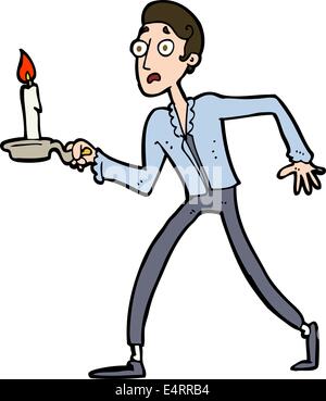 Cartoon uomo spaventato camminare con il candelabro Illustrazione Vettoriale