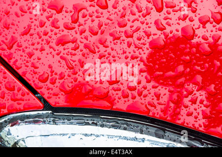 Dopo una pioggia gocce di pioggia sulla vernice di una vettura di trickle down. Gocce di acqua su sfondo rosso, Nach einem Regen perlen Regentrop Foto Stock