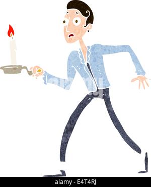 Cartoon uomo spaventato camminare con il candelabro Illustrazione Vettoriale
