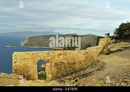 Vista dal castello di Monolithos di costa e mare Egeo, Rodi, Dodecanneso, Mar Egeo, Grecia, Europa Foto Stock