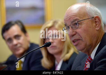 Washington, DC, Stati Uniti d'America. 16 Luglio, 2014. Simon Lazzaro, Senior Counsel presso la responsabilità costituzionale centro, testimonia in una casa regole audizione del Comitato sul Campidoglio di Washington, DC, Stati Uniti, 16 luglio 2014. Il comitato ha sentito la testimonianza sugli altoparlanti della U.S. Casa dei Rappresentanti John Boehner la querela contro il Presidente Obama di abusare dei poteri esecutivi. Credito: Yin Bogu/Xinhua/Alamy Live News Foto Stock