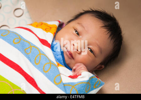 Close-up verticale di due settimane vecchio, neonato bambino asiatico ragazza, avvolta in un colorato swaddling blanket, studio shot Foto Stock