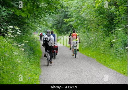 Ciclista sulla monsal trail derbyshire parco nazionale di Peak District Inghilterra Regno Unito Foto Stock