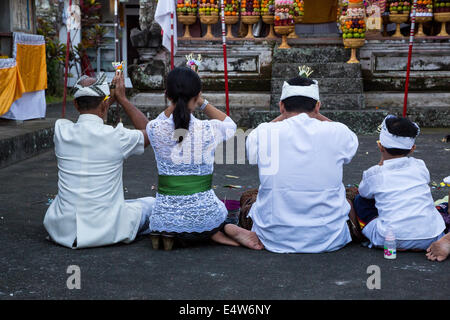 Bali, Indonesia. Famiglia indù pregano per un abbondante raccolto di riso. Pura Dalem Tempio. Dlod Blungbang Village. Foto Stock