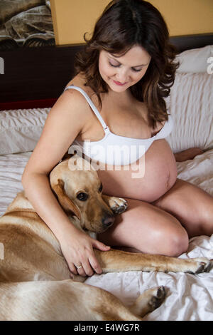 Donna Incinta rilassante sul letto con labrador retriever, cane, insieme Foto Stock