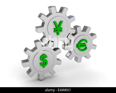 Gli ingranaggi con la dollar euro e yen segni Foto Stock