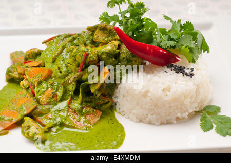 Pollo con curry verde verdure e riso Foto Stock