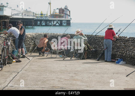 Albion Groyne, città di Brighton & Hove, East Sussex, Regno Unito. Persone che amano una giornata di pesca al sole al largo dell'Albion Groyne, adiacente al molo di Brighton Palace. 17 luglio 2014. David Smith/Alamy Live News Foto Stock