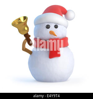 3D render di un pupazzo di neve a Santa hat squilla una campana Foto Stock