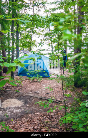 Tenda nella foresta sul campeggio in riva al lago Foto stock Tenda nella foresta sul campeggio in riva al lago Foto stock