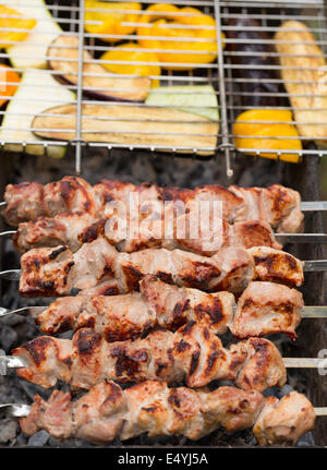 Deliziosi spiedini di carne e verdure Foto Stock