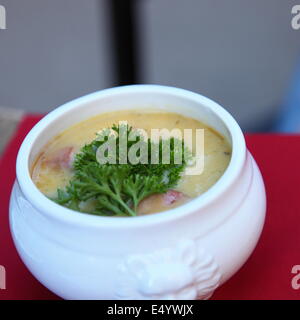Ciotola di zuppa calda guarnita con prezzemolo Foto Stock