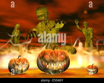 Zucche di Halloween nel fuoco - 3D render Foto Stock