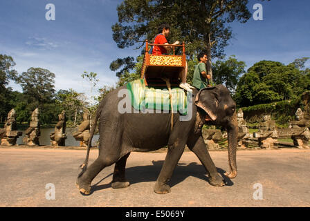 Corse di elefanti al gateway di Angkor Thom. Angkor Thom (grande Angkor) è un 3km2 murata e moated royal city ed è stato l'ultimo c Foto Stock