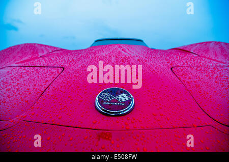 Auto sportiva rossa bagnato da gocce di pioggia Foto Stock