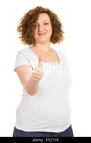 Successo donna incinta dando pollici isolati su sfondo bianco Foto Stock