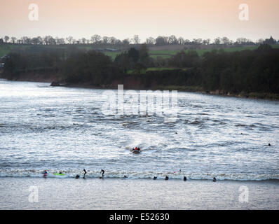 I surfisti e canoisti di equitazione Severn foro a Scandicci ha-on-Severn, GLOUCESTERSHIRE REGNO UNITO 2014 Foto Stock