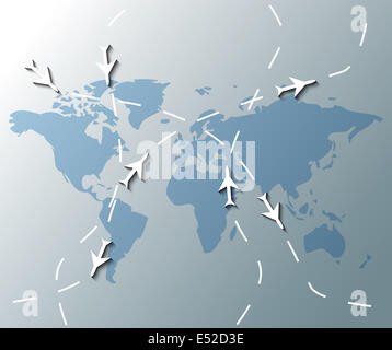 Illustrazione della mappa del mondo con gli aeroplani Foto Stock